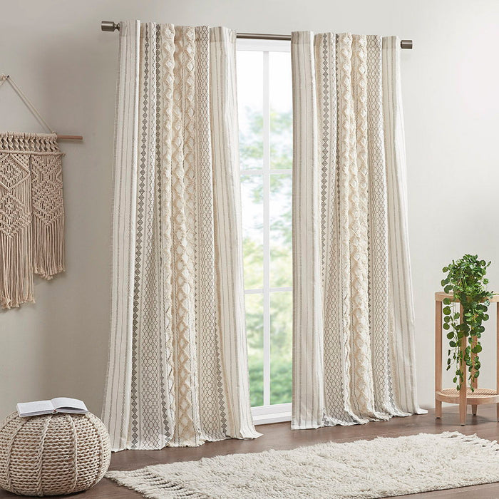 Imani Cotton Printed Curtain Panel With Chenille Stripe And Lining - Ivory