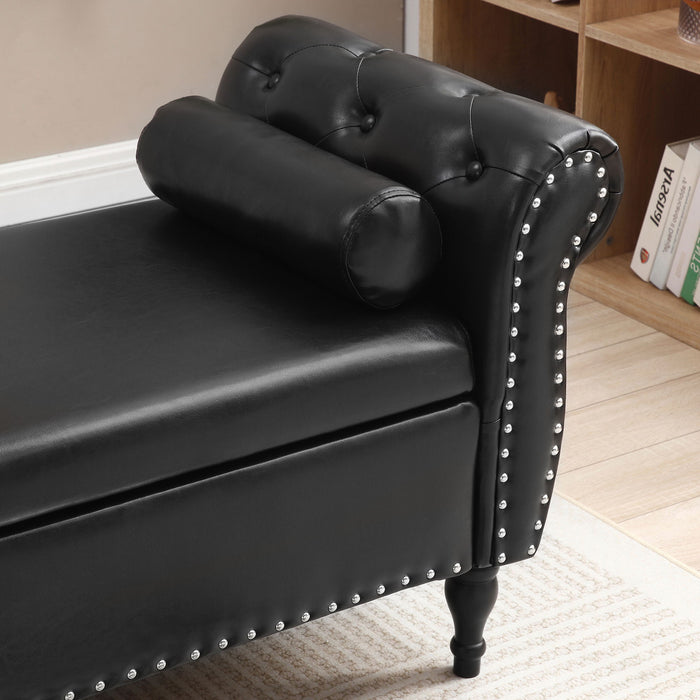 Upholstered End Of Bed Bench Flip Top Entryway Ottoman With Safety Hinge Storage Rectangular Sofa Stool Buttons Tufted Nailhead Trimmed Solid Wood Legs With 1 Pillow, Black