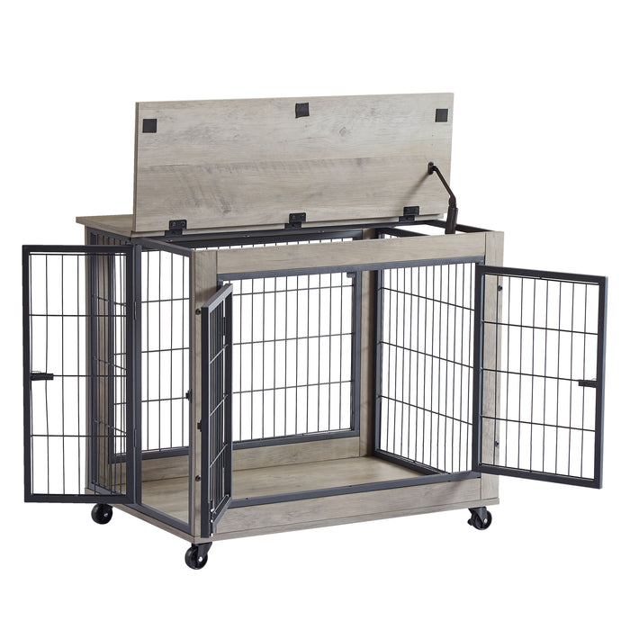 Furniture Dog Cage Crate With Double Doors On Casters - Rustic Brown