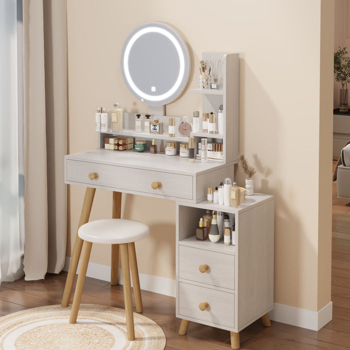 Round Mirror Bedside Cabinet Vanity Table / Cushioned Stool, LED Mirror, Touch Control, 3-Color, Brightness Adjustable, Large Desktop, Right Bedside Cabinet, Multi-Layer Storage