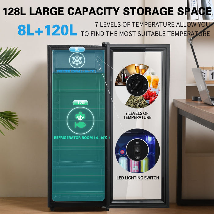 128Lmini Refrigerator, 8L Freezer / 120L Refrigerator, Holds 94 Cans Of Soda, Water, Beer Or Wine. Low Noise Operation, Compressor Cooling System, Energy Efficient, Adjustable Shelves, Blue
