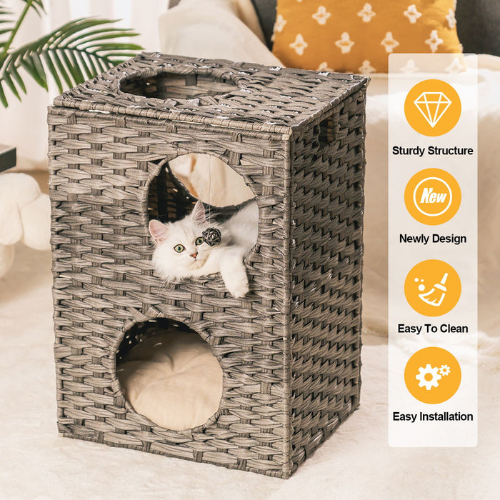 Rattan Cat Litter, Cat Bed With Rattan Ball And Cushion Gray