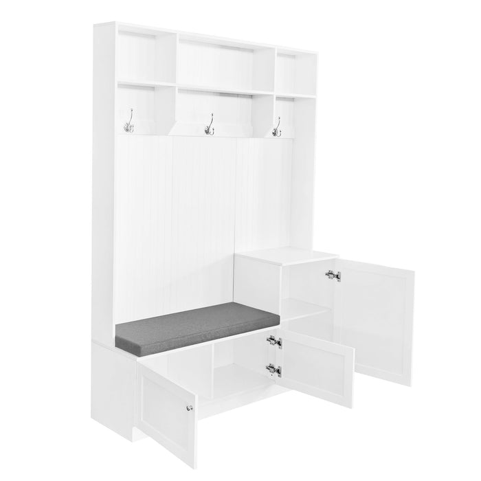 On-Trend Elegant Design Hall Tree With Comfort And Storage Solutions, Functional Hallway Shoe Cabinet With Bench&Cushion, Modern Coat Rack With Hooks For Entryways, White
