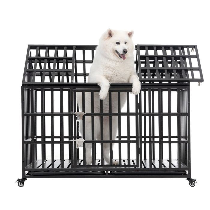 Heavy Duty Dog Crate Large Dog Cage Strong Metal Dog Kennels And Crates For Large Dogs With 4 Lockable Wheels