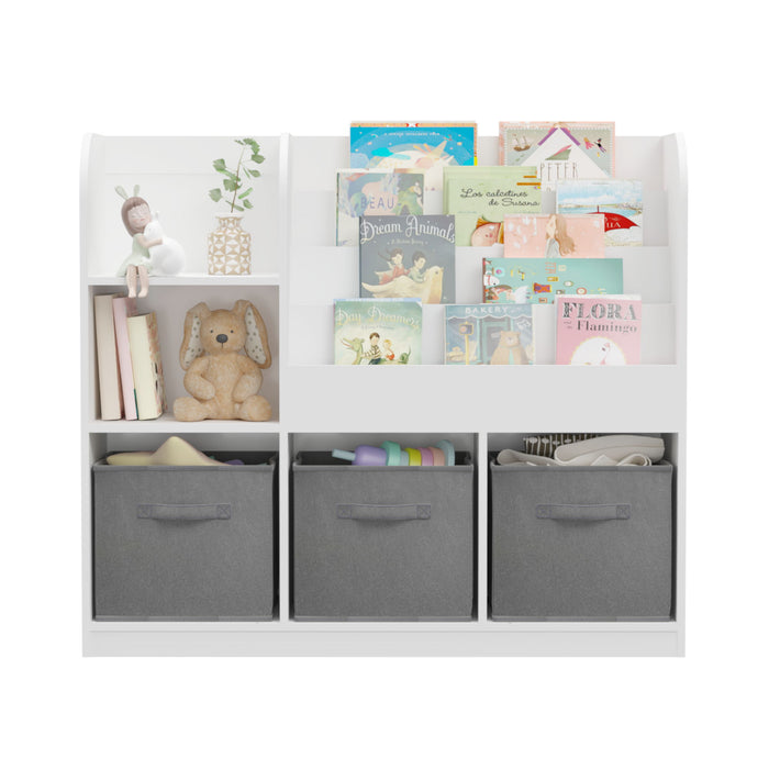 Kids Bookcase And Bookshelf, Multifunctional Bookcase With 3 Collapsible Fabric Drawers, Bookcase Display Stand, Toy Storage Organizer For Bedroom, Playroom, Hallway (White / Gray)
