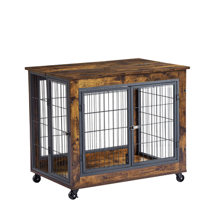 Furniture Style Dog Crate Side Table On Wheels With Double Doors And Lift Top In Gray