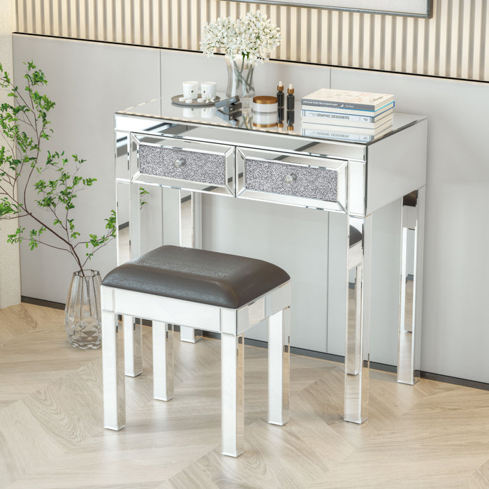 Mirrored Vanity Stool Makeup Bench With PU Leather, Dressing Chair Cushioned Modern Piano Seat For Bedroom Silve - Silver & Black