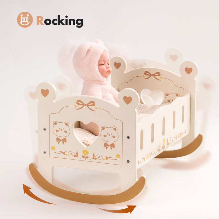 Baby Crib, Rocking Wooden Play Cradle For Dolls, Best Gift For Kids And Dementia Elderly (Brown)
