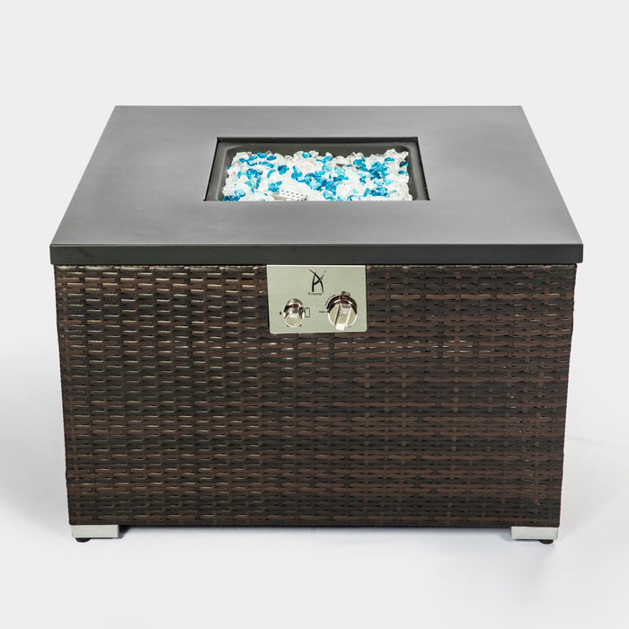 Outdoor Gas Fire Pit Square Dark Brown Wicker Fire Pit Table Propane Fire Table With Glass Rocks