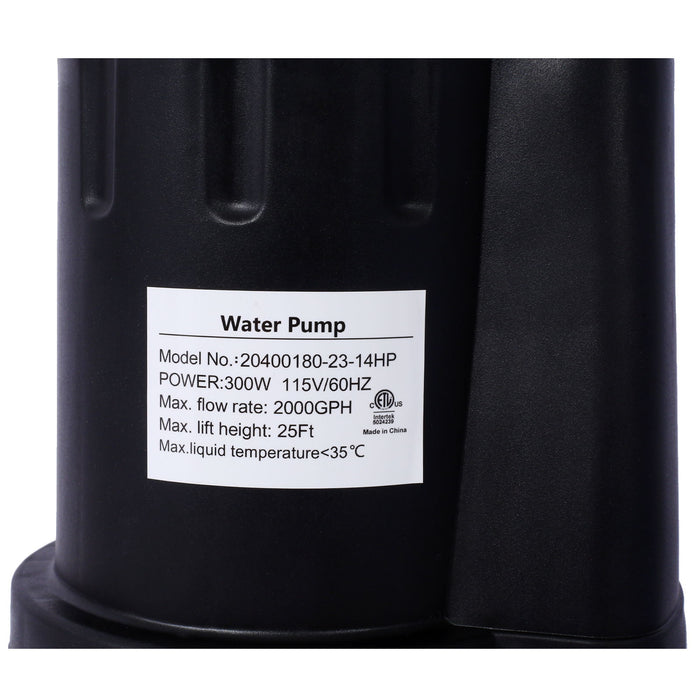 Submersible Water Pump, 1 / 4Hp 2000Gph Thermoplastic Utility Pump Portable Electric Water Pump Sump Pump, With 10 Feet Power Cord