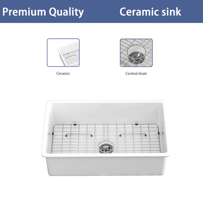 32" Undermount Single Bowl Ceramic Kitchen Sink - Dual Mount White Ceramic Rectangular Deep Single Bowl Sink Basin