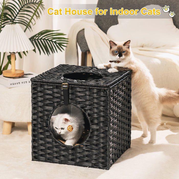 Rattan Cat Litter, Cat Bed With Rattan Ball And Cushion, Black
