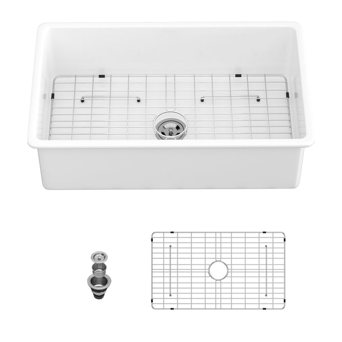 32" Undermount Single Bowl Ceramic Kitchen Sink - Dual Mount White Ceramic Rectangular Deep Single Bowl Sink Basin