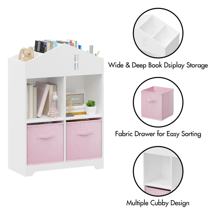 Kids Dollhouse Bookcase With Storage, 2-Tier Storage Display Organizer, Toddler Bookshelf With 2 Collapsible Fabric Drawers For Bedroom Or Playroom (White / Pink)