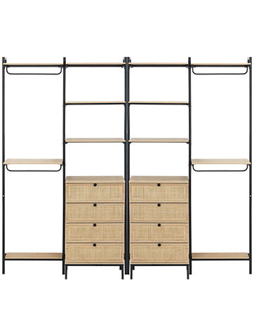 High Tall Closet System, Walk In Wardrobe Closet With 4 Rattan Drawers And Shelves Heavy Duty Metal Clothing Storage Organizer Spacious Open Armoire