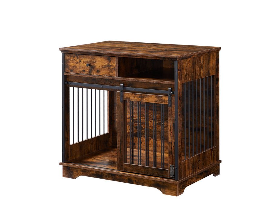Sliding Door Dog Crate With Drawers - Rustic Brown