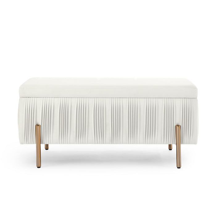 Elegant Upholstered Velvet Storage Bench With Cedar Wood Veneer, Large Storage Ottoman With Electroplate Iron Legs For Hallway Living Room Bedroom, Beige