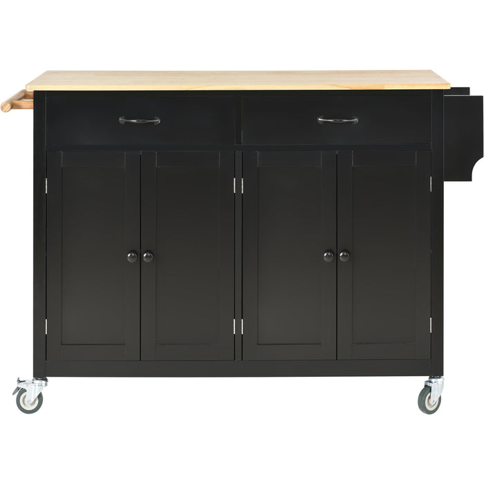 Kitchen Island Cart With Solid Wood Top And Locking Wheels, 54. 3 Inch Width, 4 Door Cabinet And Two Drawers, Spice Rack, Towel Rack (Black)