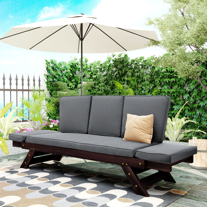 Topmax Outdoor Adjustable Patio Wooden Daybed Sofa Chaise Lounge With Cushions For Small Places, Brown Finish + Gray Cushion