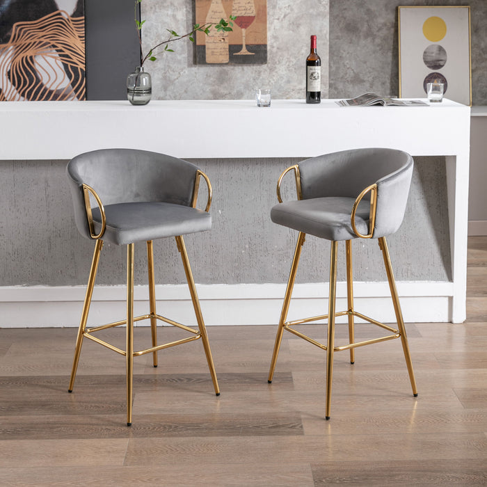 (Set of 2) Bar Stools, With Chrome Footrest And Base / Golden Leg Simple Bar Stool - Gray