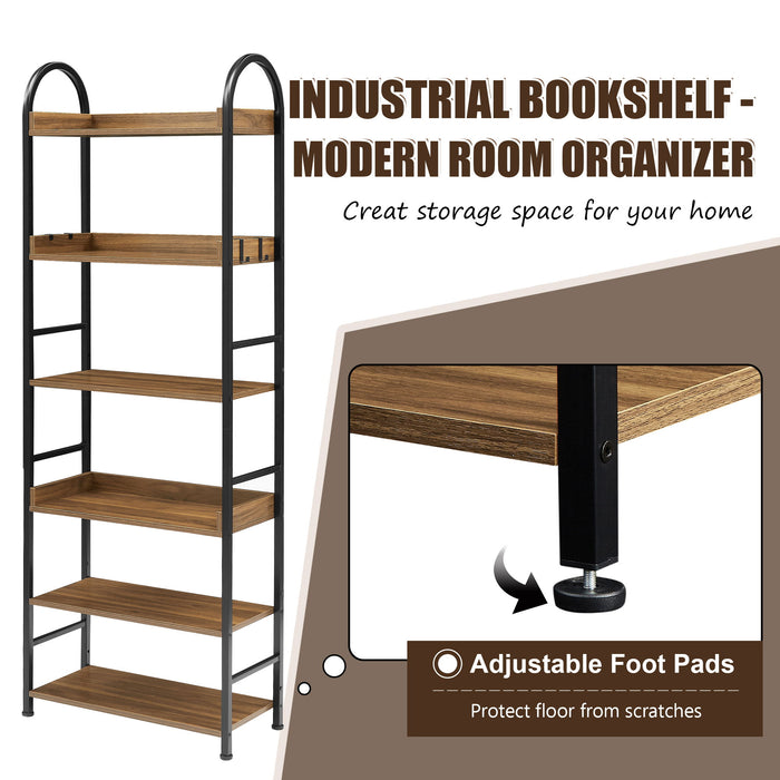 70.8" Tall Bookshelf, 6-Tier Shelves With Round Top Frame, MDF Boards, Adjustable Foot Pads, Brown