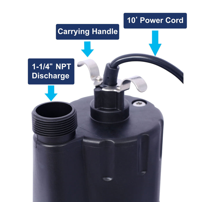 Submersible Water Pump, 1 / 4Hp 2000Gph Thermoplastic Utility Pump Portable Electric Water Pump Sump Pump, With 10 Feet Power Cord