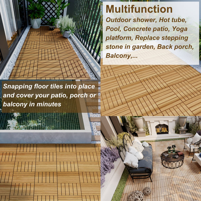 30 Pieces Interlocking Deck Tiles Striped Pattern, 12 X 12" Square Yellow Acacia Hardwood Outdoor Flooring For Patio, Bancony, Pool Side