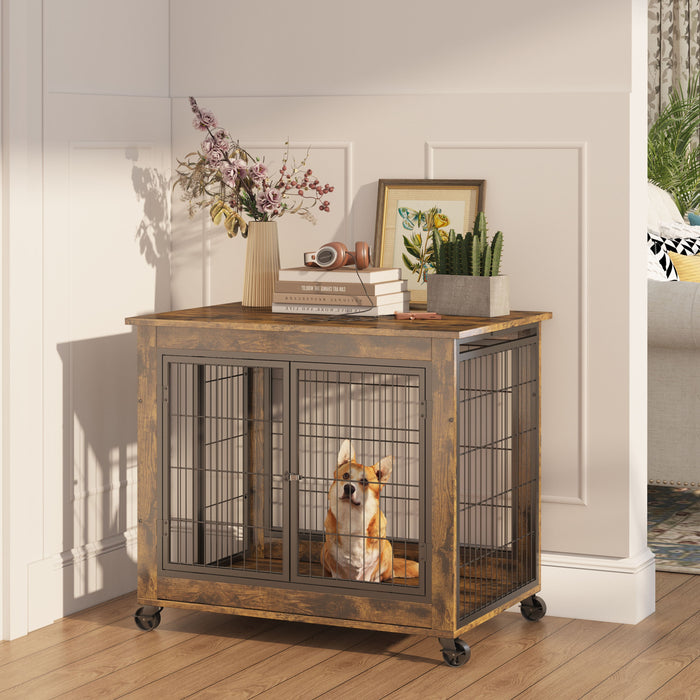 Furniture Style Dog Crate Side Table On Wheels With Double Doors And Lift Top In Gray