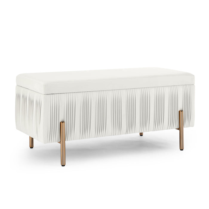 Elegant Upholstered Velvet Storage Bench With Cedar Wood Veneer, Large Storage Ottoman With Electroplate Iron Legs For Hallway Living Room Bedroom, Beige
