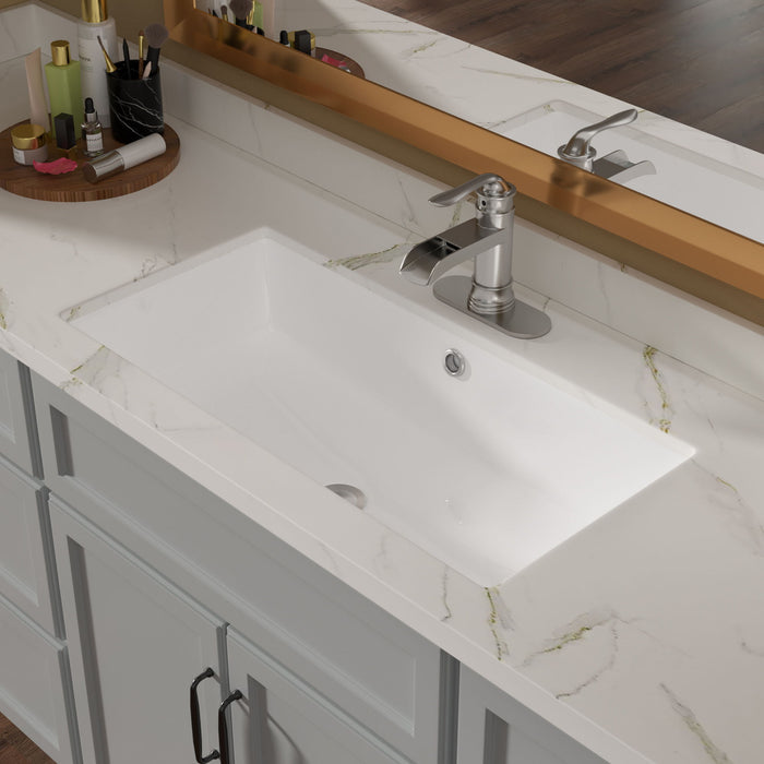 28X14" White Ceramic Rectangular Undermount Bathroom Sink With Overflow