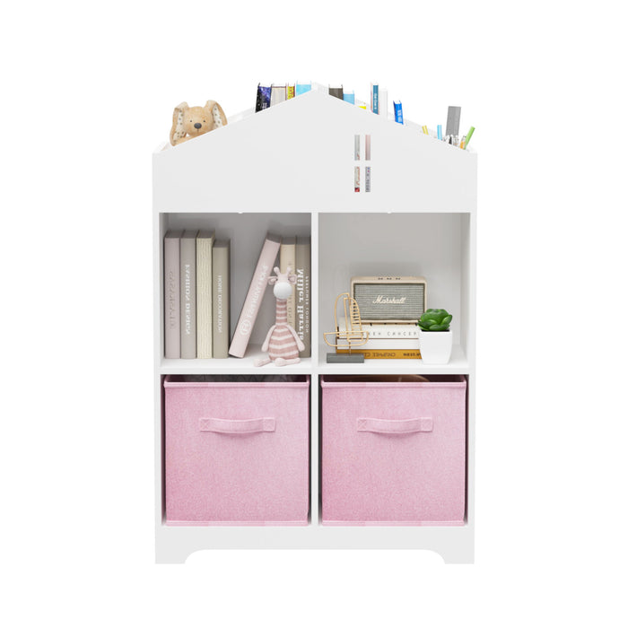Kids Dollhouse Bookcase With Storage, 2-Tier Storage Display Organizer, Toddler Bookshelf With 2 Collapsible Fabric Drawers For Bedroom Or Playroom (White / Pink)