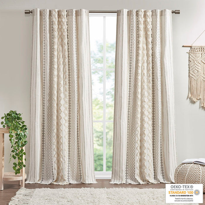 Imani Cotton Printed Curtain Panel With Chenille Stripe And Lining - Ivory