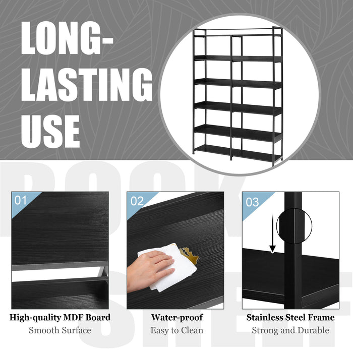 70.8" Tall Bookshelf MDF Boards Stainless Steel Frame, 6-Tier Shelves With Back & Side Panel, Adjustable Foot Pads, Black
