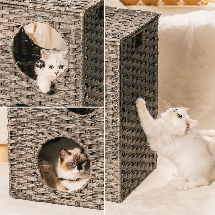 Rattan Cat Litter, Cat Bed With Rattan Ball And Cushion Gray