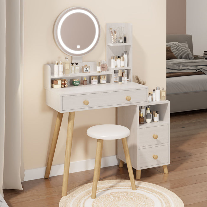 Round Mirror Bedside Cabinet Vanity Table / Cushioned Stool, LED Mirror, Touch Control, 3-Color, Brightness Adjustable, Large Desktop, Right Bedside Cabinet, Multi-Layer Storage
