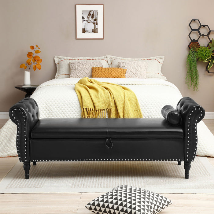 Upholstered End Of Bed Bench Flip Top Entryway Ottoman With Safety Hinge Storage Rectangular Sofa Stool Buttons Tufted Nailhead Trimmed Solid Wood Legs With 1 Pillow, Black