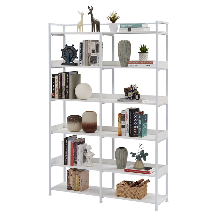 70.8" Tall Bookshelf MDF Boards Stainless Steel Frame, 6-Tier Shelves With Back & Side Panel, Adjustable Foot Pads, White