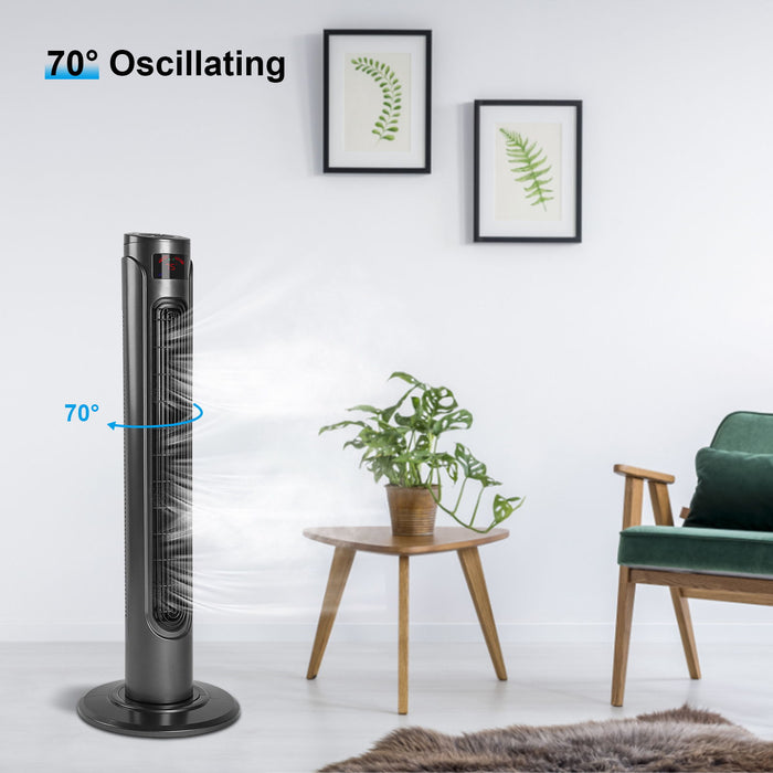 36" High Efficiency Cooling Tower Fan With 3 Speed Settings And 15 Hour Timer, 70 Degree Auto Oscillating With Remote, Standing Fan For Bedroom Home Office