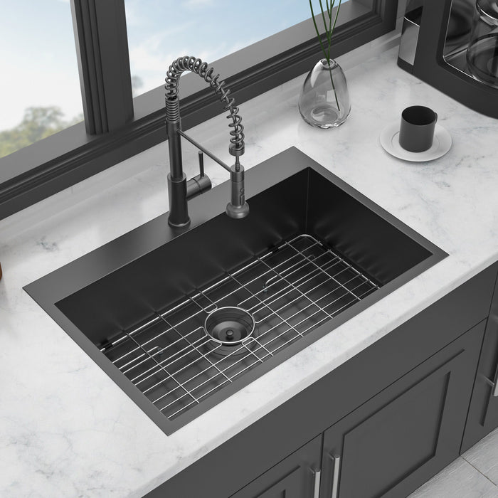 30 Drop In Kitchen Sink - Topmount Gunmetal Black Stainless Steel 18 Gauge Singe Bowl Kitchen Sink Basin
