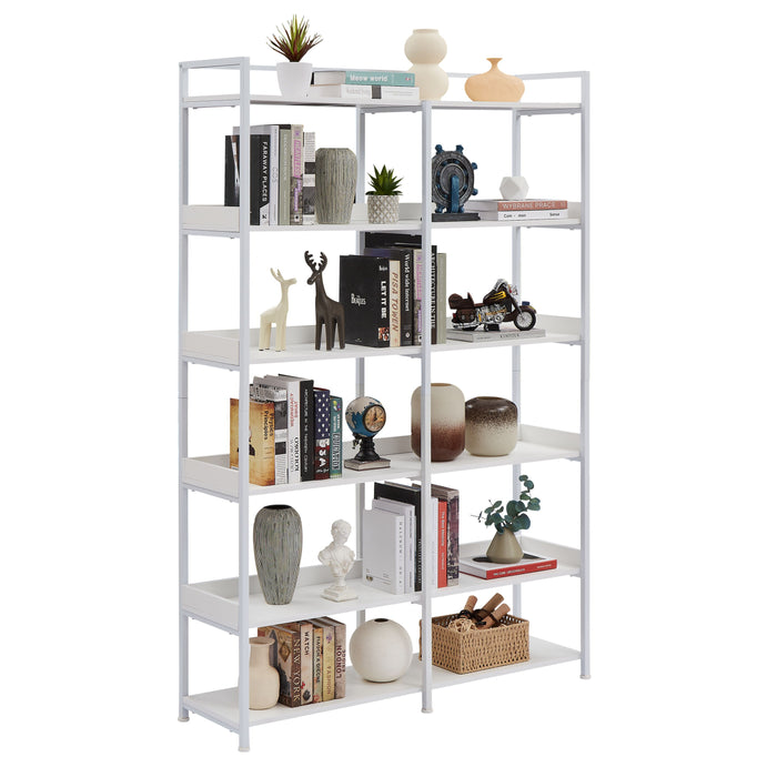 70.8" Tall Bookshelf MDF Boards Stainless Steel Frame, 6-Tier Shelves With Back & Side Panel, Adjustable Foot Pads, White