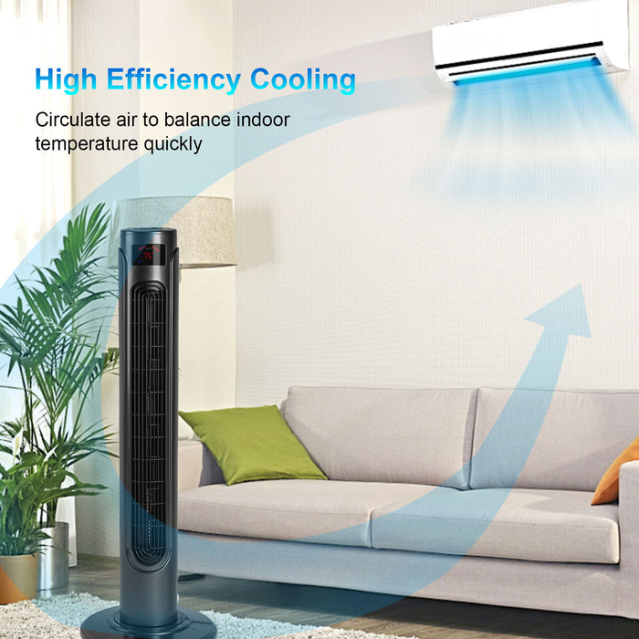 36" High Efficiency Cooling Tower Fan With 3 Speed Settings And 15 Hour Timer, 70 Degree Auto Oscillating With Remote, Standing Fan For Bedroom Home Office