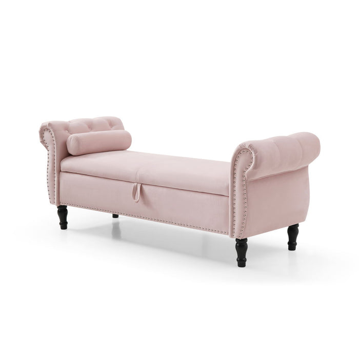 Aijia 63" Velvet Multifunctional Storage Rectangular Sofa Stool Buttons Tufted Nailhead Trimmed Solid Wood Legs With 1 Pillow, Light Pink