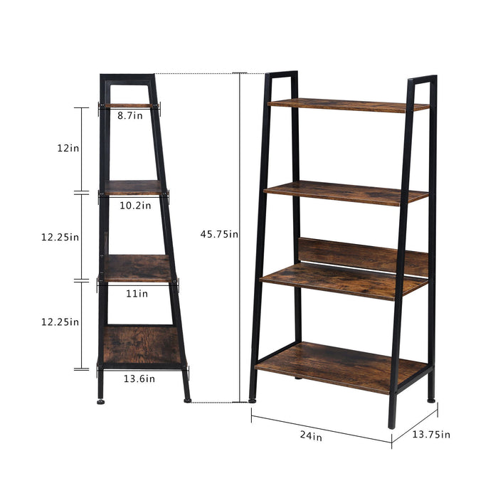 Yssoa 4 Tier Ladder Bookshelf Organizer, Rustic Brown Ladder Shelf For Home & Office, Wood Board & Metal Frame