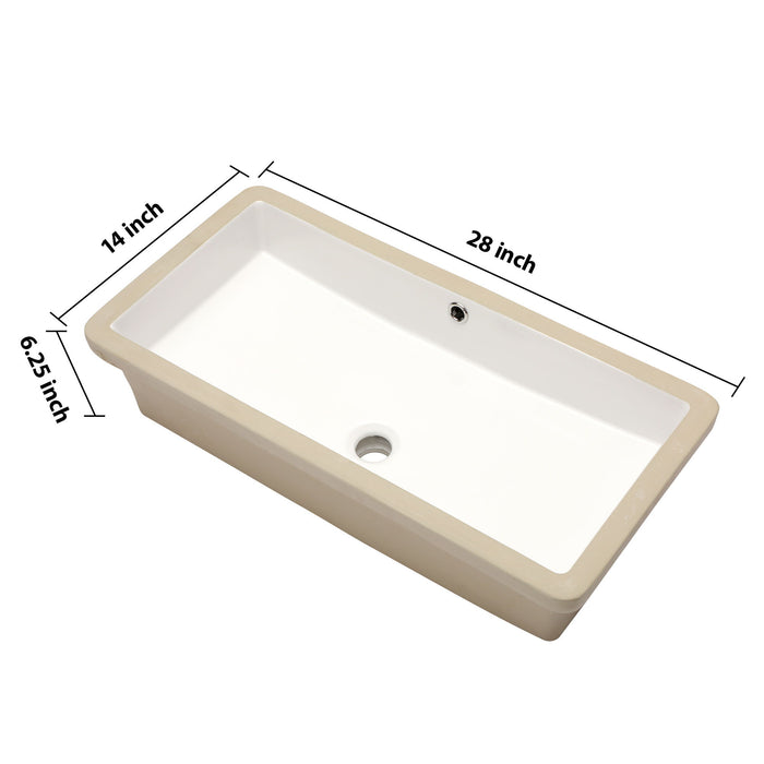 28X14" White Ceramic Rectangular Undermount Bathroom Sink With Overflow