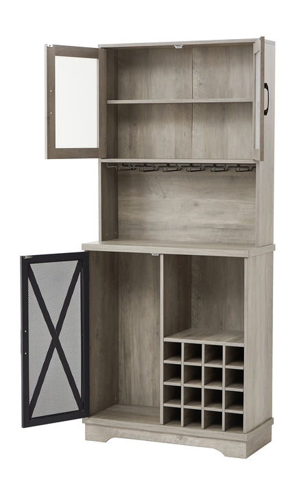 Jhx Farmhouse Wine Cabinet, Large Capacity Kitchen Sideboard Storage Cabinet With Wine Rack And Glass Holder, Adjustable Shelf And 16 Square Compartments (Gray, 31.50" W x 13 4" D x 71.06"H)