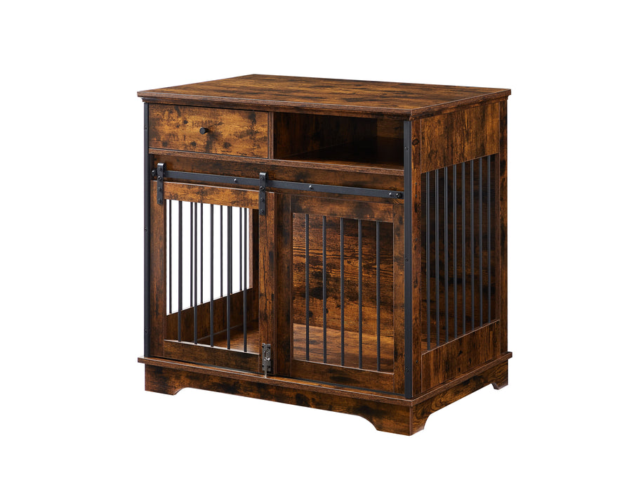 Sliding Door Dog Crate With Drawers - Rustic Brown