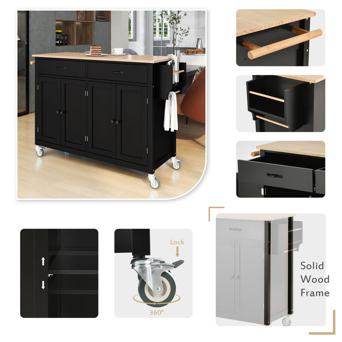 Kitchen Island Cart With Solid Wood Top And Locking Wheels, 54. 3 Inch Width, 4 Door Cabinet And Two Drawers, Spice Rack, Towel Rack (Black)