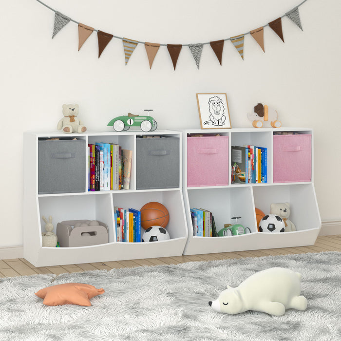 Kids Bookcase With Collapsible Fabric Drawers, Children's Toy Storage Cabinet For Playroom, Bedroom, Nursery, School, White/Gray