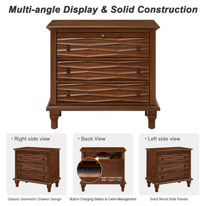 Nightstand With Charging Station, Bedside Table, 3 Drawers, USB And Type - C Ports