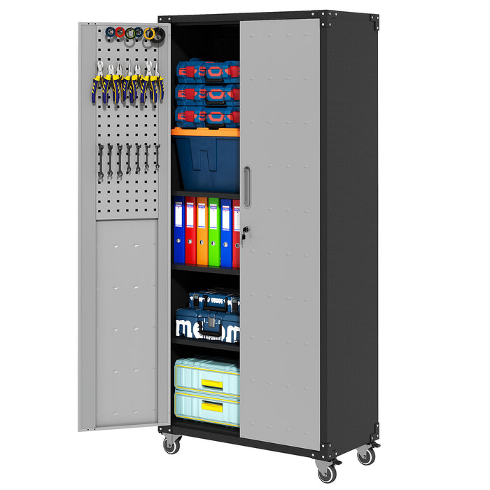 Metal Garage Storage Cabinet With Wheels Heavy Duty Tool Storage Cabinet - Brushed Nickel
